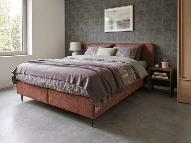 Boxspring Sora van Sleep Design in terracotta stof
