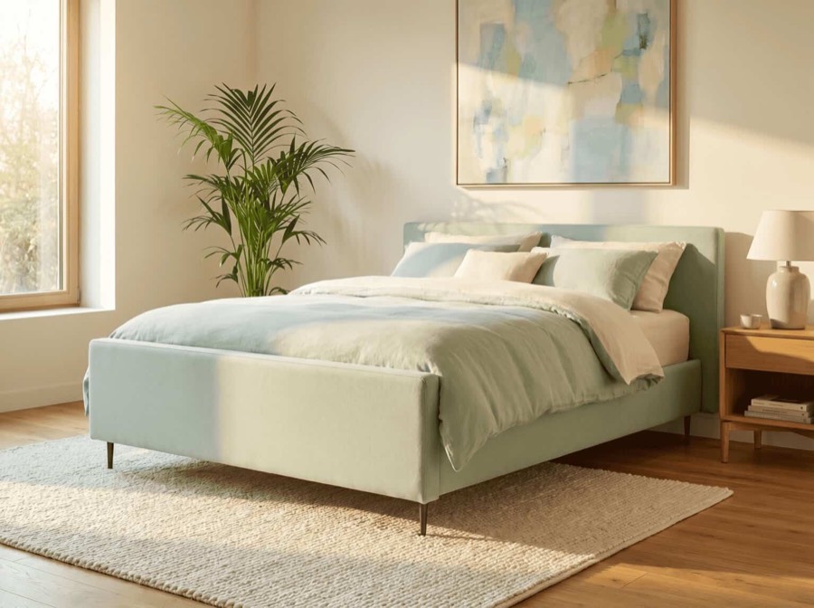 Boxspring in zachtgroene stof van Sleep Design in een lichte slaapkamer