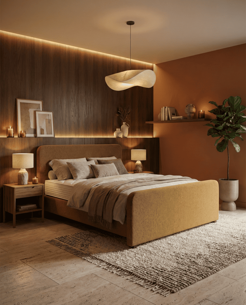 Okergele boxspring met afgerond hoofd- en voetbord van Sleep Design in warme, sfeervolle slaapkamer